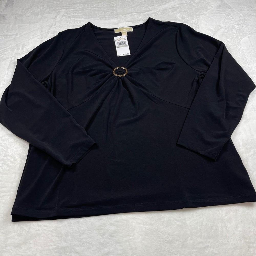 Michael Kors Women Black Ring V-Neck Long Sleeve Top 1XL NEW Minimalist Staple - Picture 8 of 9
